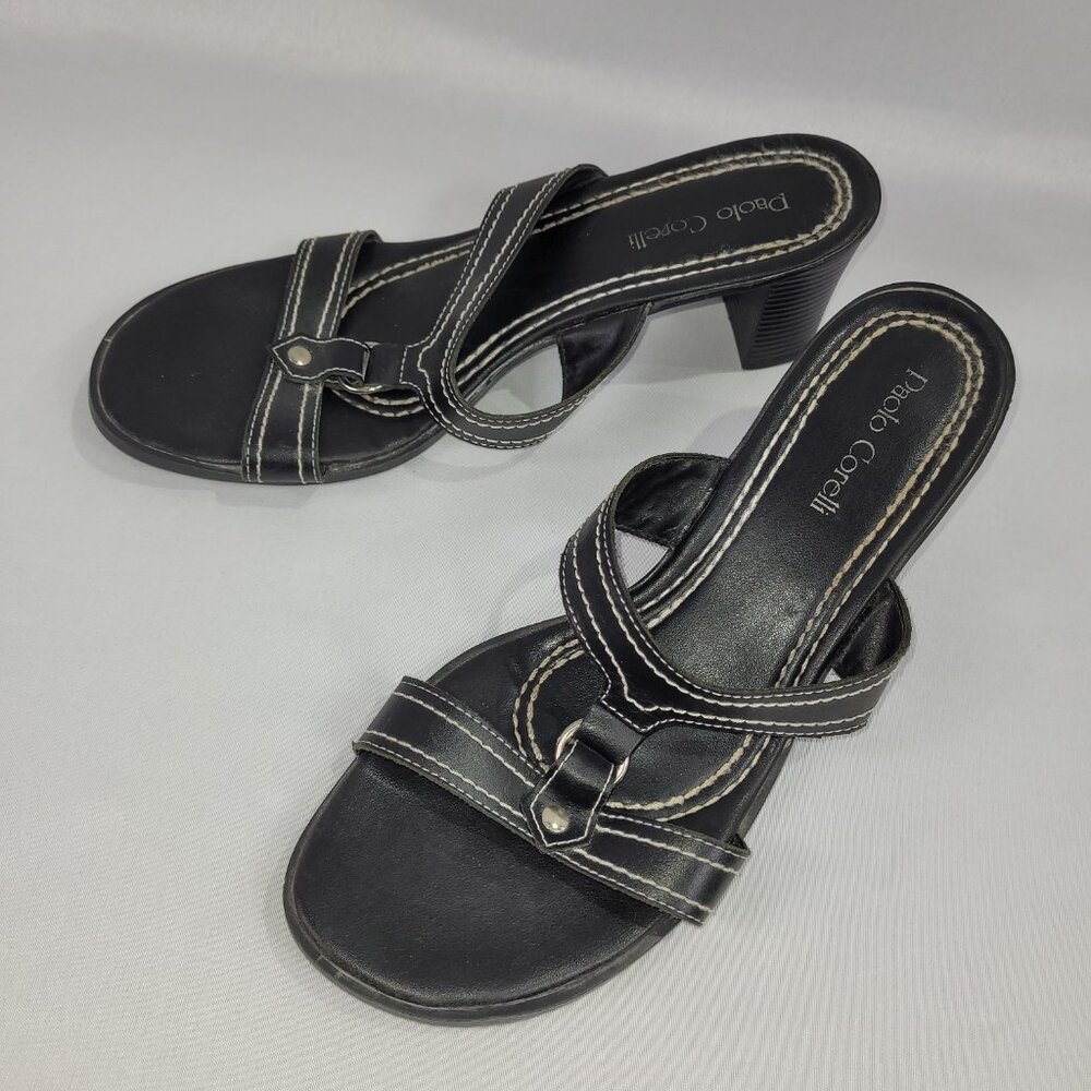 Paolo Corelli Black Heeled Sandals Summer Shoes Leather Uppers Women's size 9